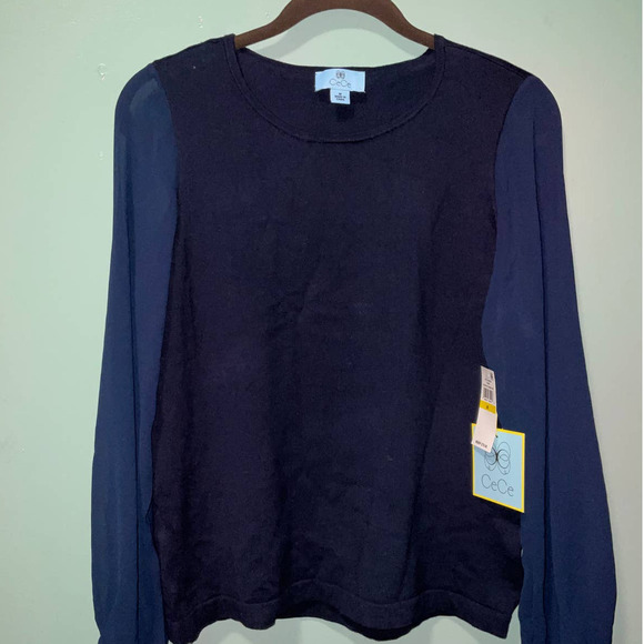 CeCe Women's Cotton Chiffon-Sleeve Mixed-Media Sweater Navy SIZE: M NWT - Picture 8 of 8